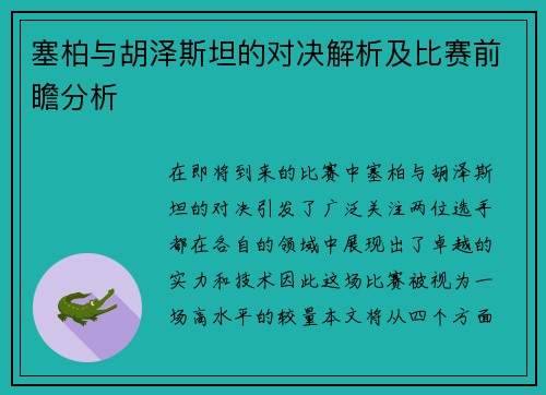 塞柏与胡泽斯坦的对决解析及比赛前瞻分析